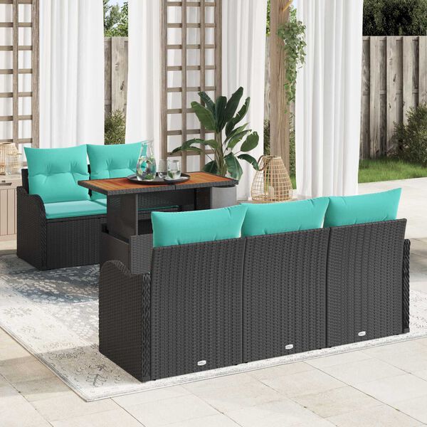 vidaXL 6 Piece Garden Sofa Set with Cushions Black Poly Rattan Acacia