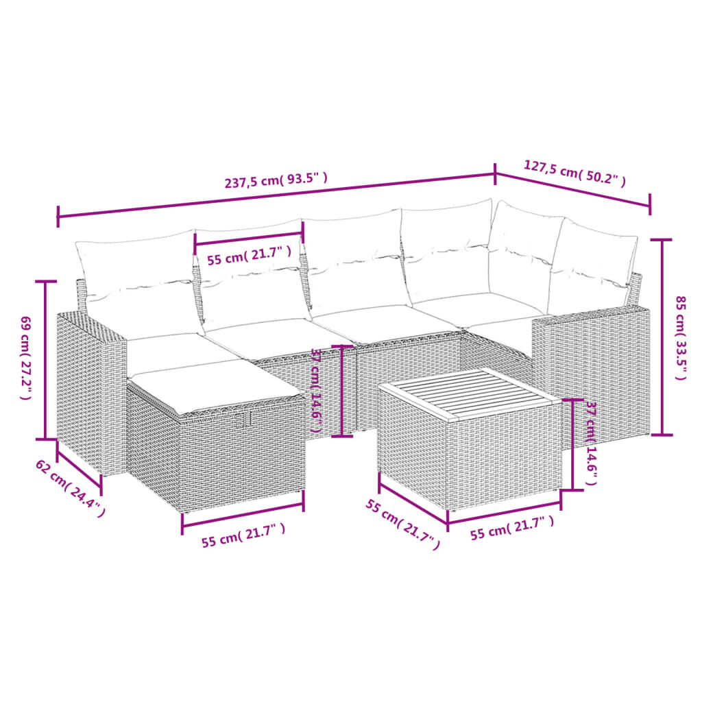 vidaXL 7 Piece Garden Sofa Set with Cushions Grey Poly Rattan