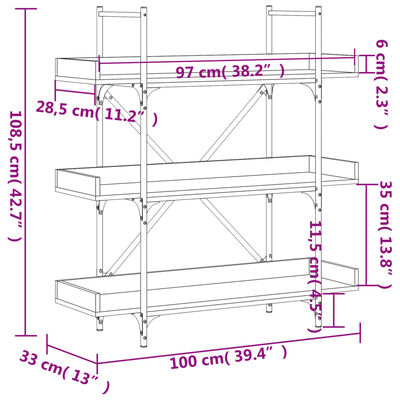 vidaXL Bookcase 3-Tier Black 100x33x108.5 cm Engineered Wood