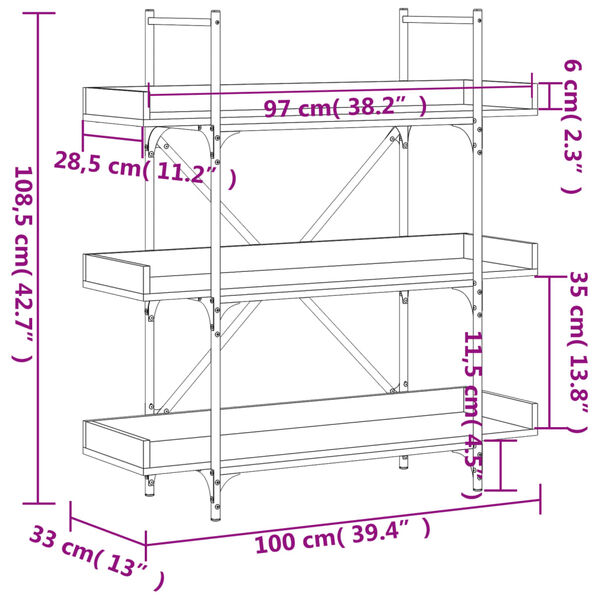 vidaXL Bookcase 3-Tier Black 100x33x108.5 cm Engineered Wood
