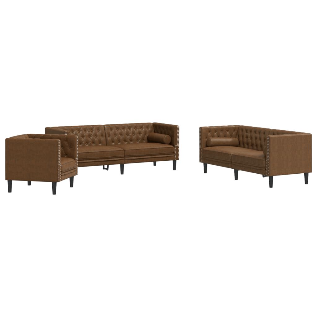 vidaXL 3 Piece Chesterfield Sofa Set with Bolsters Brown Faux Suede Leather