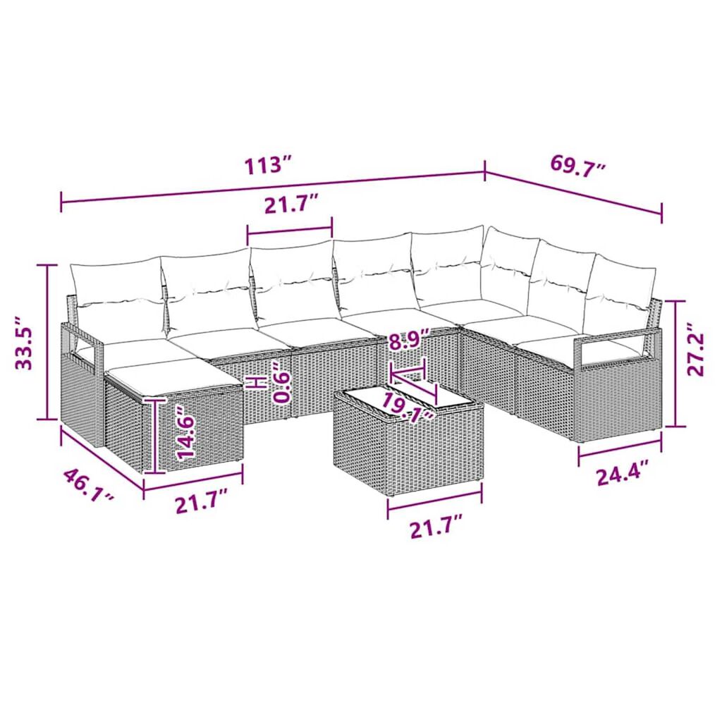 vidaXL Garden Sofa Set 9 pcs Grey Poly rattan
