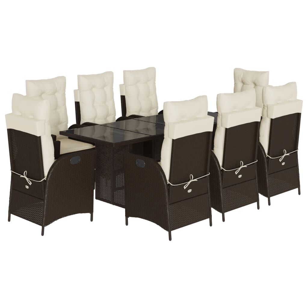 vidaXL 9 Piece Garden Dining Set with Cushions Brown Poly Rattan