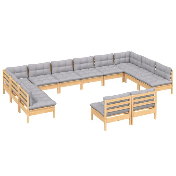 vidaXL 12 Piece Garden Lounge Set with Grey Cushions Solid Pinewood