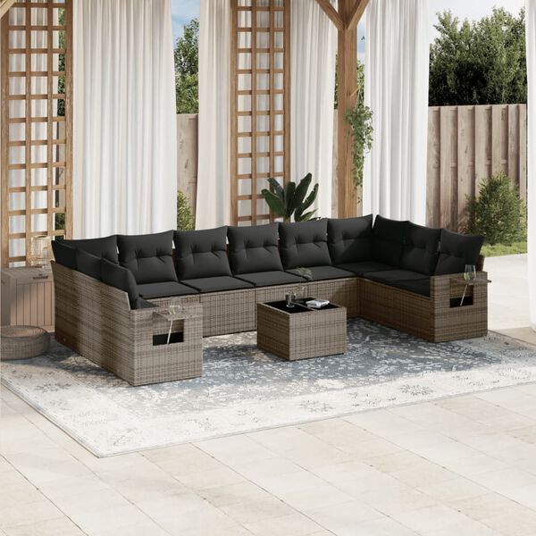 vidaXL 11 Piece Garden Sofa Set with Cushions Grey Poly Rattan