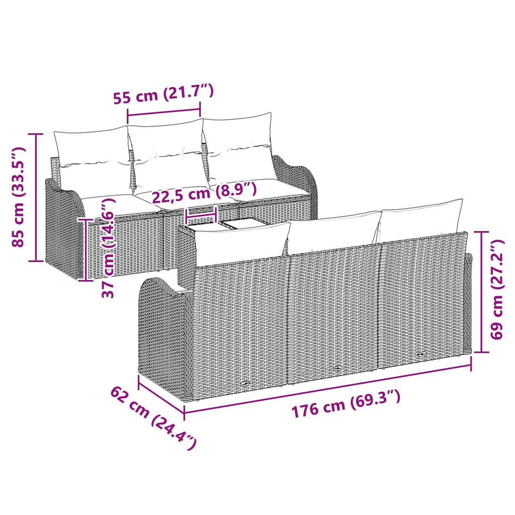 vidaXL 7 Piece Garden Sofa Set with Cushions Grey Poly Rattan