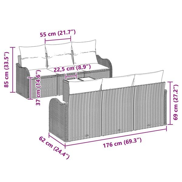 vidaXL 7 Piece Garden Sofa Set with Cushions Grey Poly Rattan