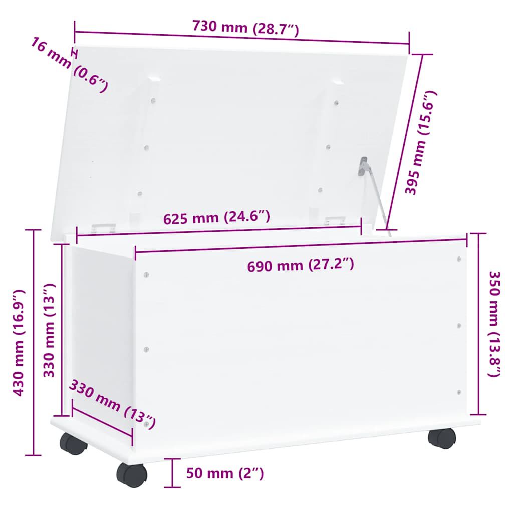 vidaXL Storage Chest with Wheels ALTA White 73x39.5x43 cm Solid Wood Pine