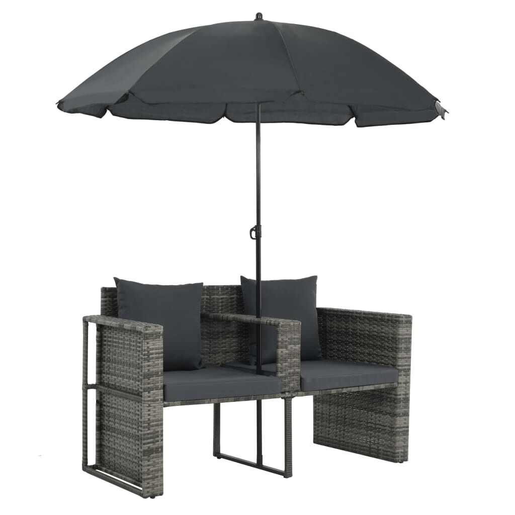 vidaXL 2 Seater Garden Sofa with Cushions and Parasol Grey Poly Rattan