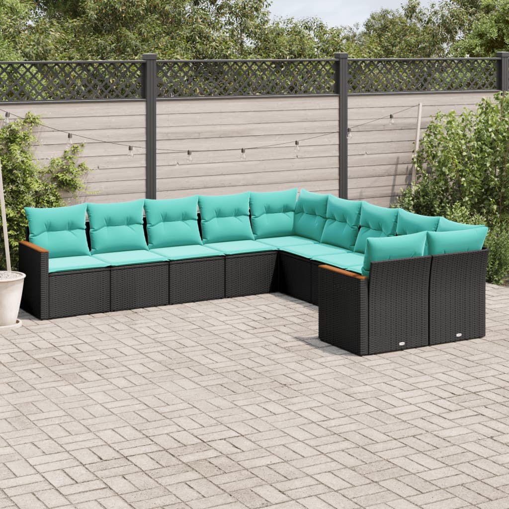 vidaXL 10 Piece Garden Sofa Set with Cushions Black Poly Rattan
