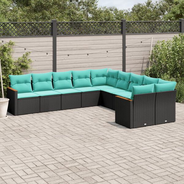 vidaXL 10 Piece Garden Sofa Set with Cushions Black Poly Rattan