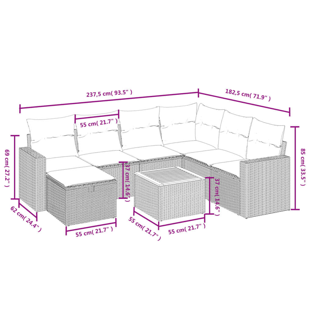 vidaXL 8 Piece Garden Sofa Set with Cushions Grey Poly Rattan