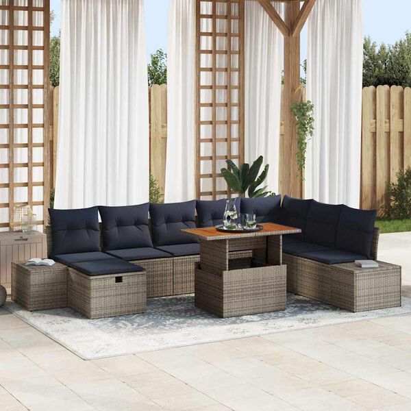 vidaXL Garden Sofa Set with Cushion 9 pcs Grey Poly Rattan