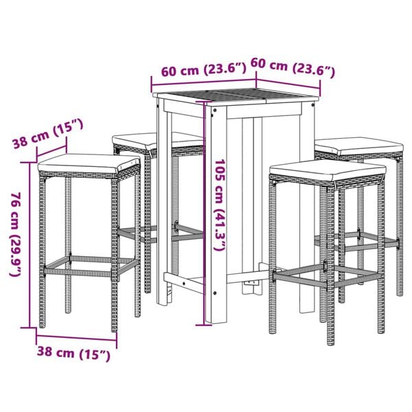 vidaXL 5 Piece Garden Bar Set Grey Solid Wood Acacia and Poly Rattan