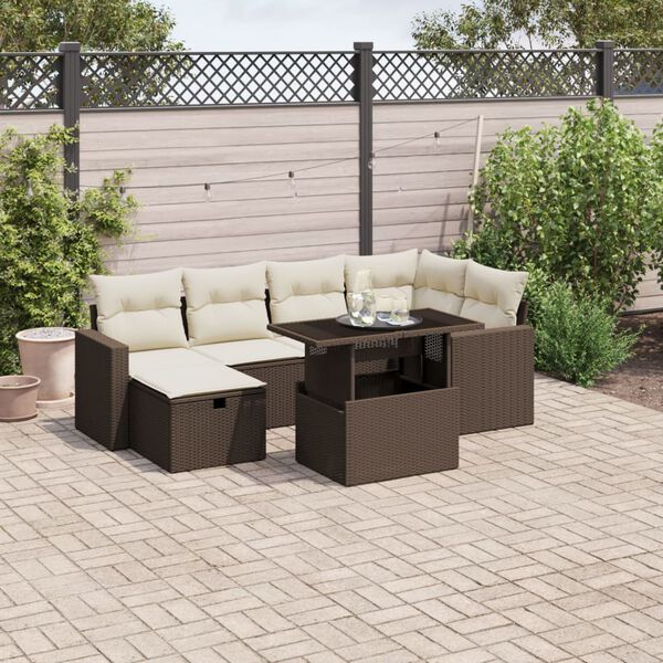 vidaXL 7 Piece Garden Sofa Set with Cushions Brown Poly Rattan