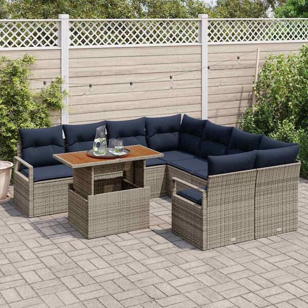 vidaXL Garden Dining Set with Cushion 9 pcs Grey and Navy