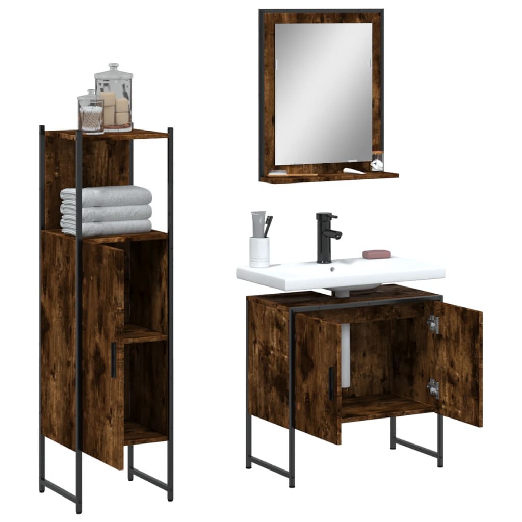 vidaXL 3 Piece Bathroom Cabinet Set Smoked Oak Engineered Wood