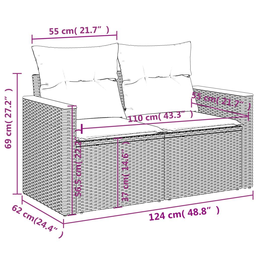 vidaXL Garden Sofa with Cushions 2-Seater Beige Poly Rattan