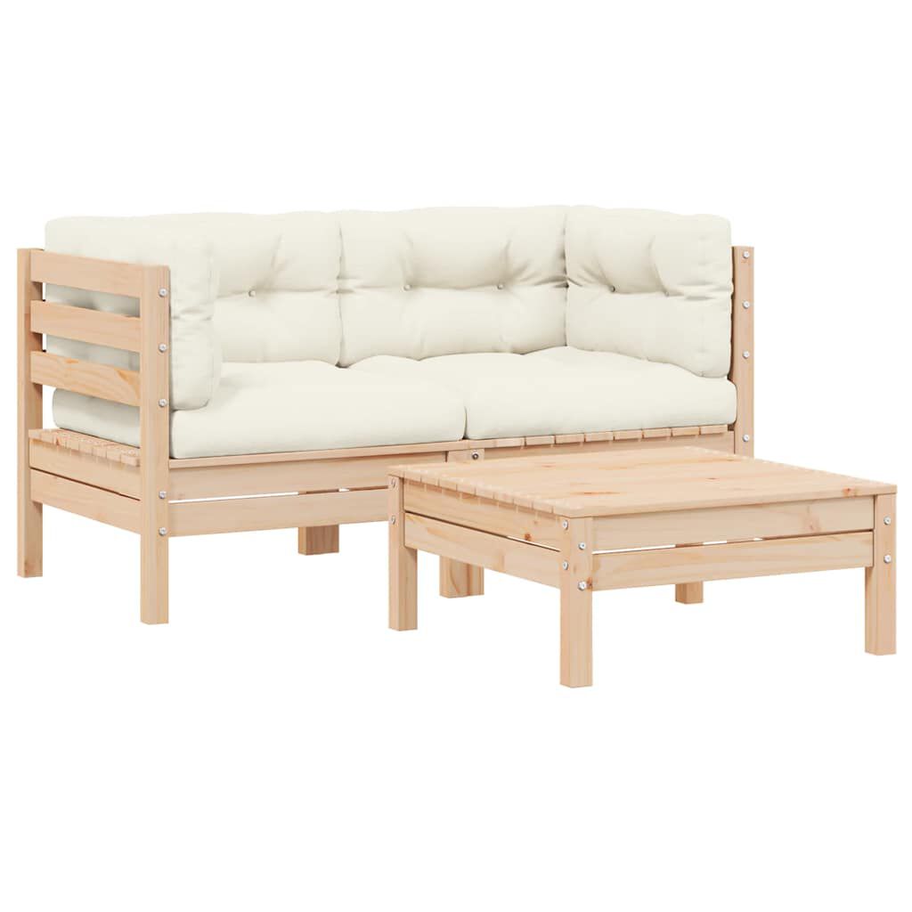 vidaXL 3 Piece Garden Lounge Set with Cream Cushions Solid Pinewood