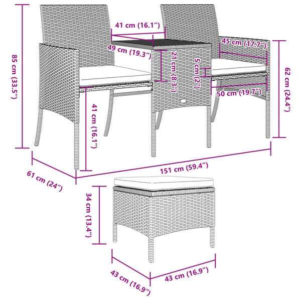 vidaXL 2-Seater Garden Sofa with Tea Table & Stools Poly Rattan Grey