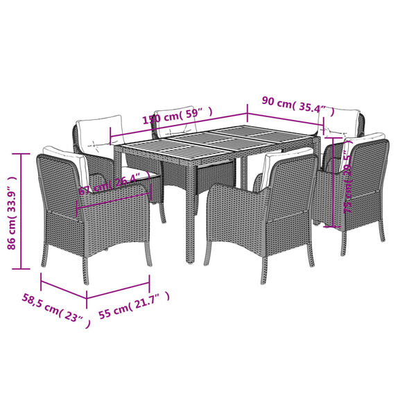vidaXL 7 Piece Garden Dining Set with Cushions Black Poly Rattan