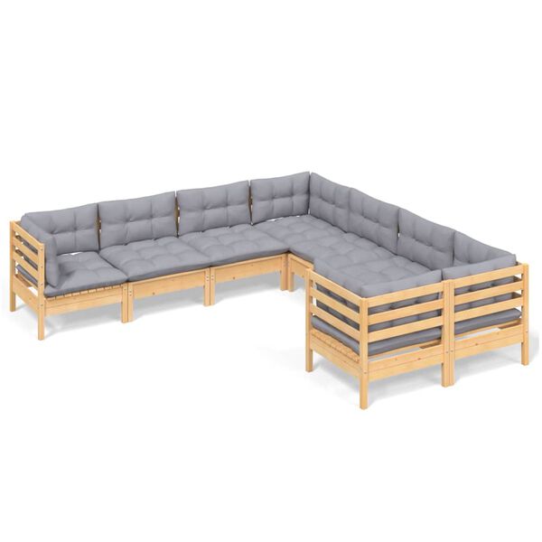 vidaXL 8 Piece Garden Lounge Set with Grey Cushions Solid Pinewood