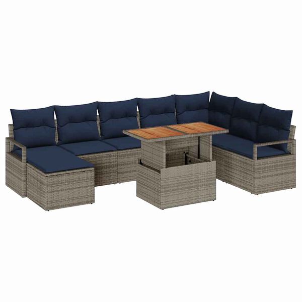 vidaXL Garden Dining Set with Cushion 9 pcs Grey and Navy