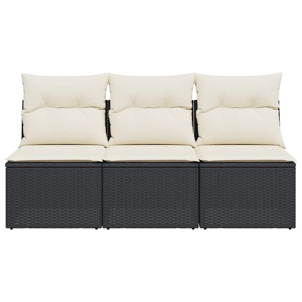 vidaXL Garden Sofa with Cushions 3-Seater Black Poly Rattan