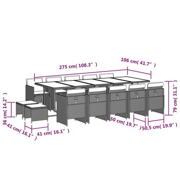 vidaXL 15 Piece Garden Dining Set with Cushions Grey Poly Rattan