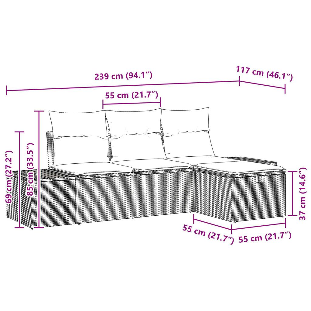 vidaXL 4 Piece Garden Sofa Set with Cushions Black Poly Rattan