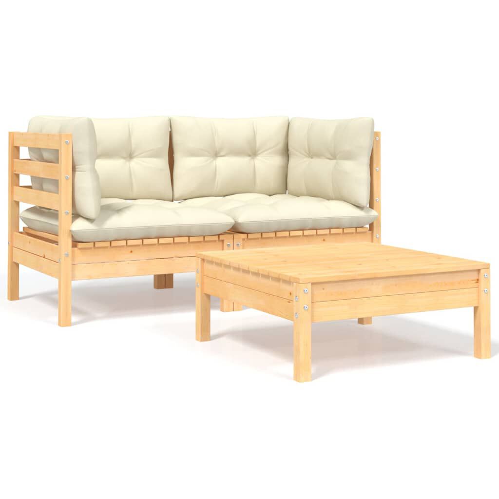 vidaXL 3 Piece Garden Lounge Set with Cream Cushions Solid Pinewood