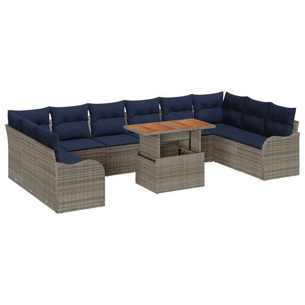 vidaXL 11 Piece Garden Sofa Set with Cushions Grey Poly Rattan Acacia