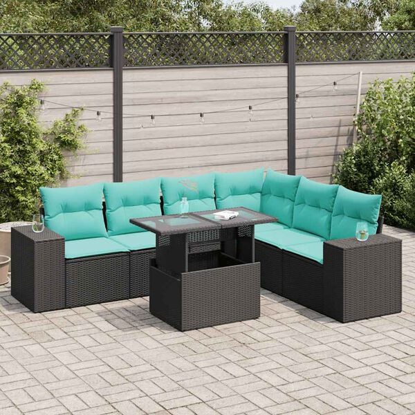 vidaXL 7 Piece Garden Sofa Set with Cushions Black Poly Rattan Acacia