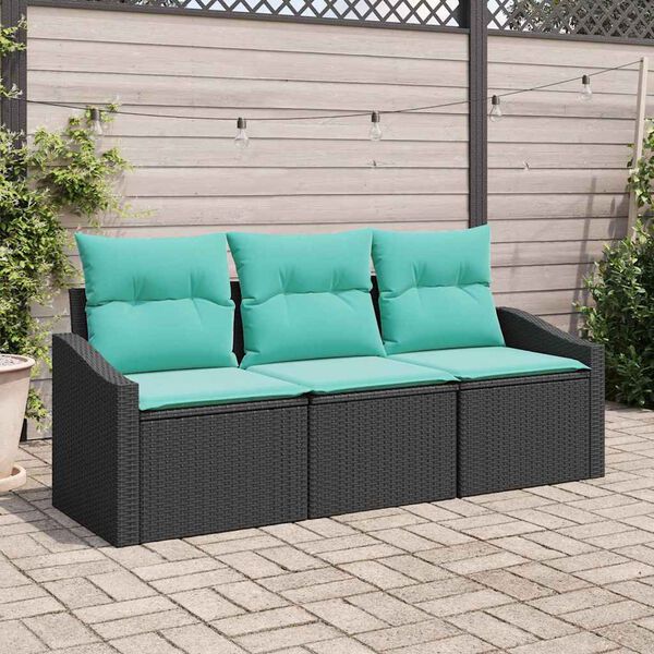 vidaXL Garden Sofa Set 3 pcs Black and Turquoise Poly Rattan