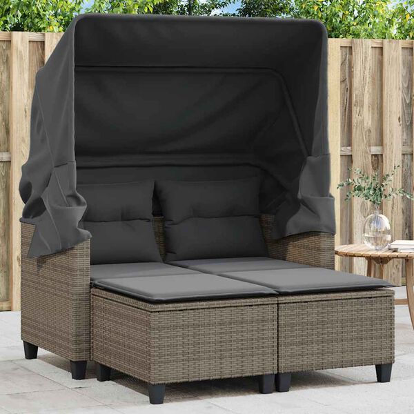 vidaXL Garden Sofa 2-Seater with Canopy and Stools Grey Poly Rattan