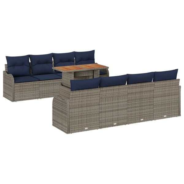 vidaXL 9 Piece Garden Sofa Set with Cushions Grey Poly Rattan Acacia
