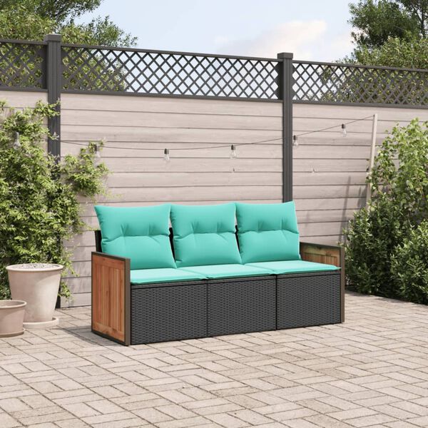 vidaXL 3 Piece Garden Sofa Set with Cushions Black Poly Rattan