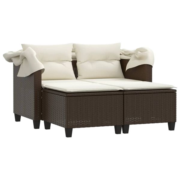 vidaXL Garden Sofa 2-Seater with Canopy and Stools Brown Poly Rattan
