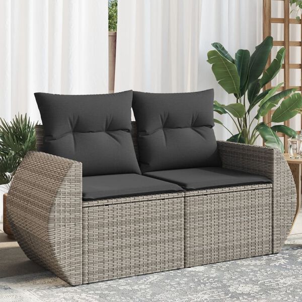 vidaXL Garden Sofa with Cushions 2-Seater Grey Poly Rattan