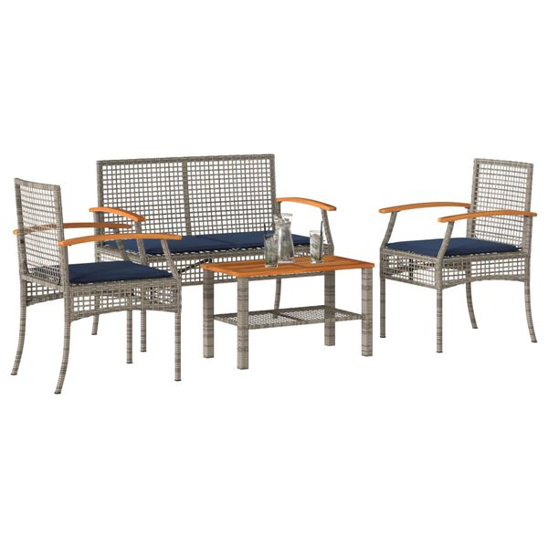 vidaXL 4 Piece Garden Lounge Set with Cushions Grey Poly Rattan