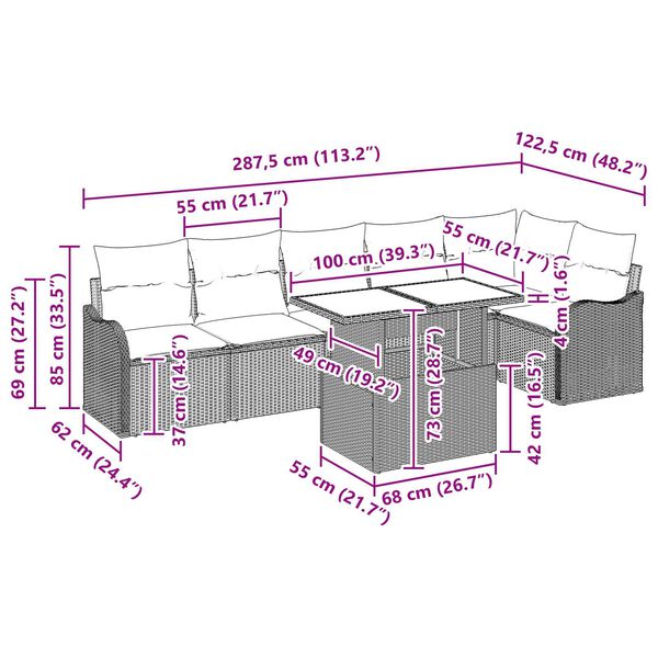 vidaXL 7 Piece Garden Sofa Set with Cushions Grey Poly Rattan