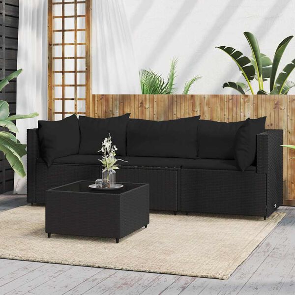 vidaXL 4 Piece Garden Lounge Set with Cushions Black Poly Rattan