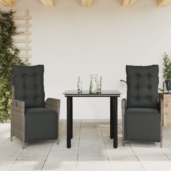 vidaXL 3 Piece Garden Dining Set with Cushions Grey Poly Rattan
