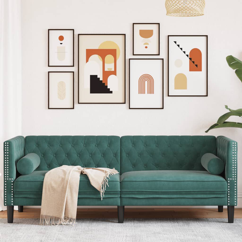 vidaXL Chesterfield Sofa with Bolsters 3-Seater Dark Green Velvet