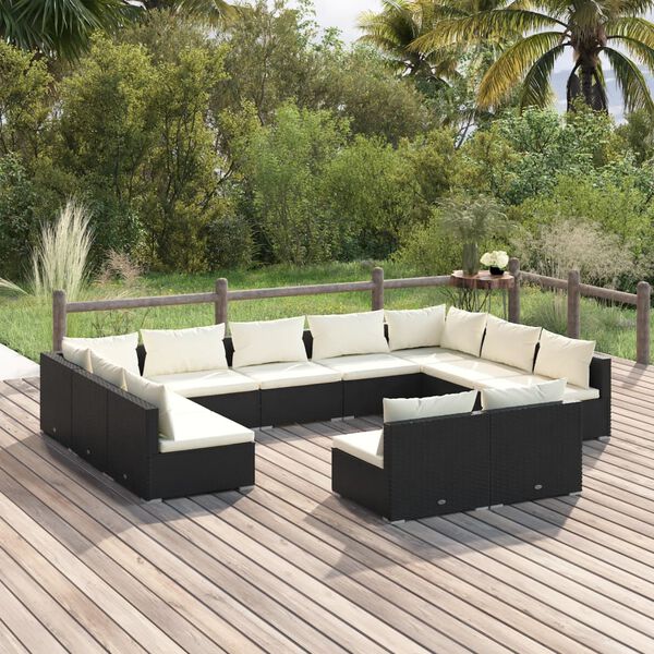 vidaXL 11 Piece Garden Lounge Set with Cushions Black Poly Rattan