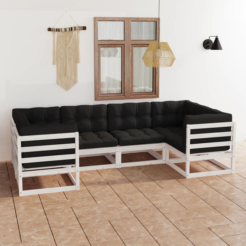 vidaXL 6 Piece Garden Lounge Set with Cushions White Solid Pinewood