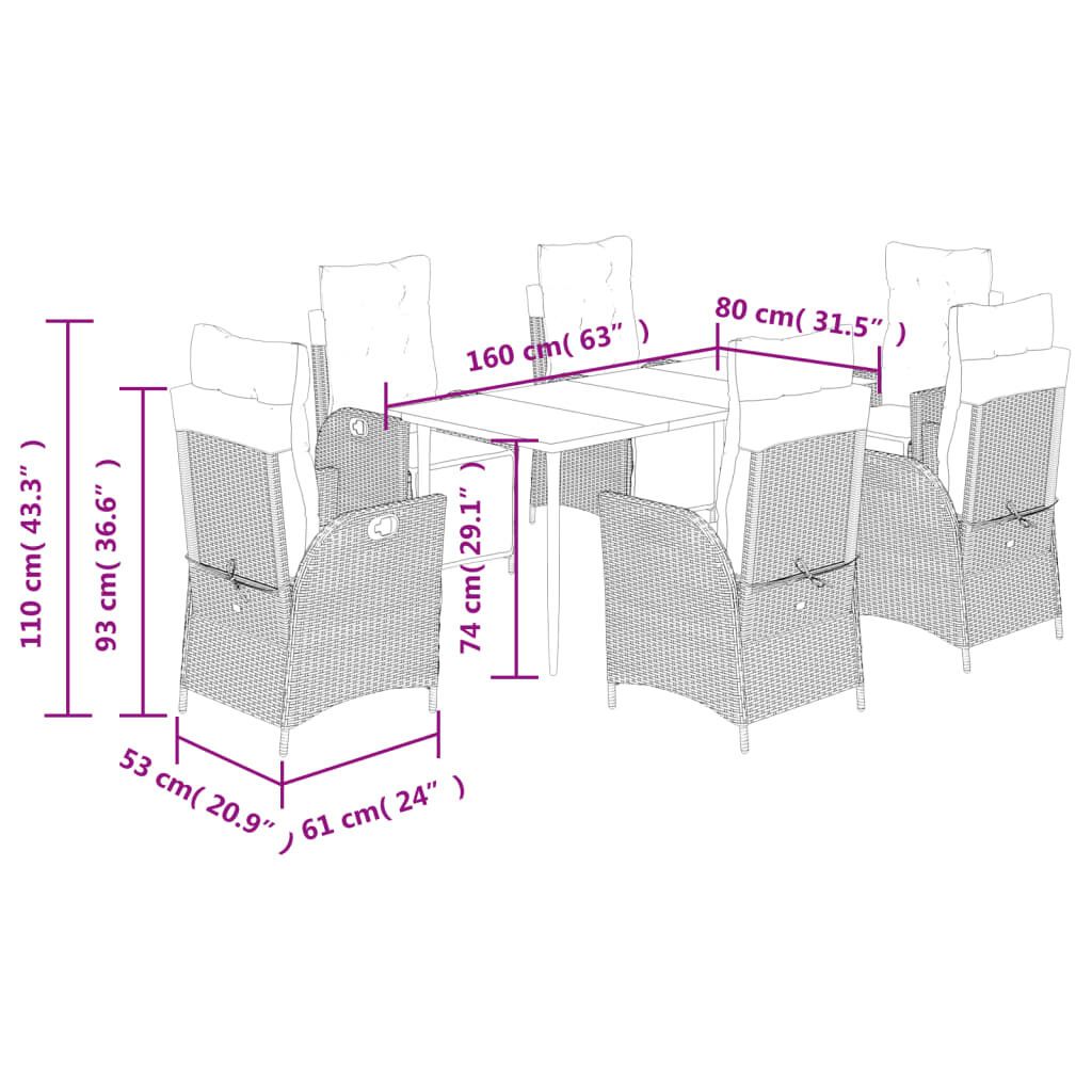 vidaXL 7 Piece Garden Dining Set with Cushions Brown Poly Rattan