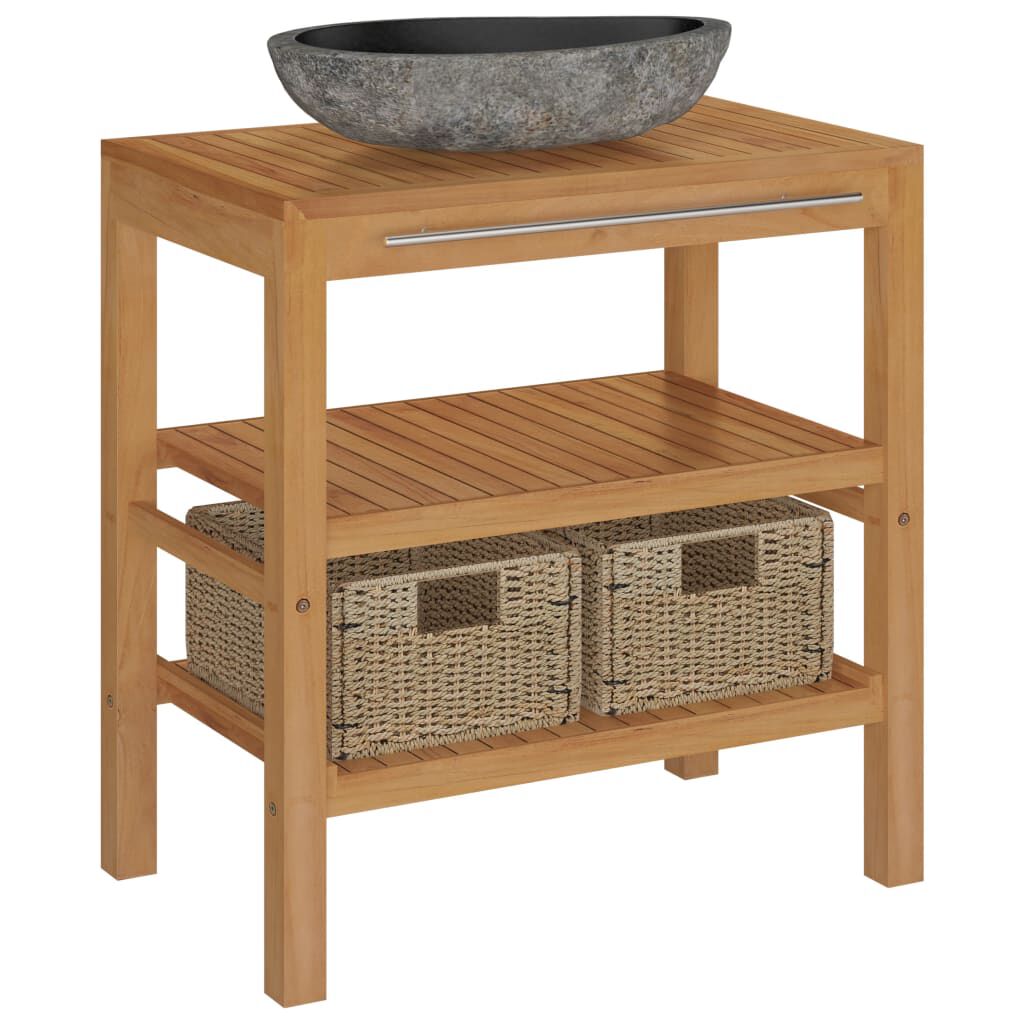 vidaXL Bathroom Vanity Cabinet Solid Teak with Sink River Stone Black