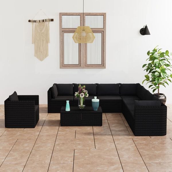 vidaXL 10 Piece Garden Lounge Set with Cushions Poly Rattan Black