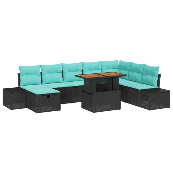 vidaXL 9 Piece Garden Sofa Set with Cushions Black Poly Rattan Acacia